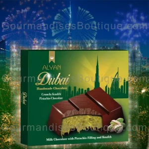 Chocolat délicieux/très bon (Alyan) Dubai - Plaque/tablette choco au lait avec pistache et crunchy.